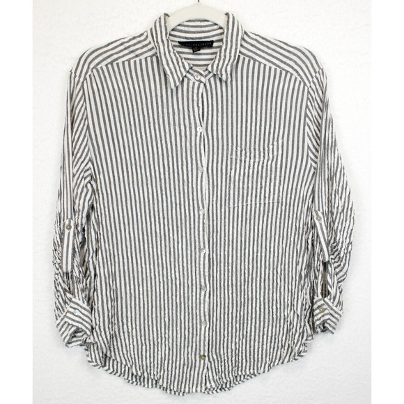 Jane + Delancey Crinkle Button Front Blouse Women M High Low Black White Stipe - Picture 1 of 8